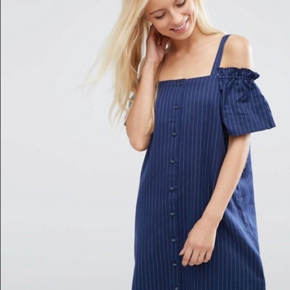 NWOT Asos Cold Shoulder Button Through Sundress in Pinstripe - Picture 1 of 5